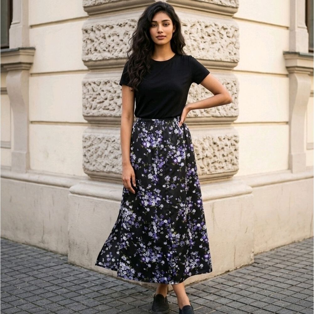 Blair Black Purple Floral A-Line Long Maxi Skirt Women's Flowy Elastic Waist M